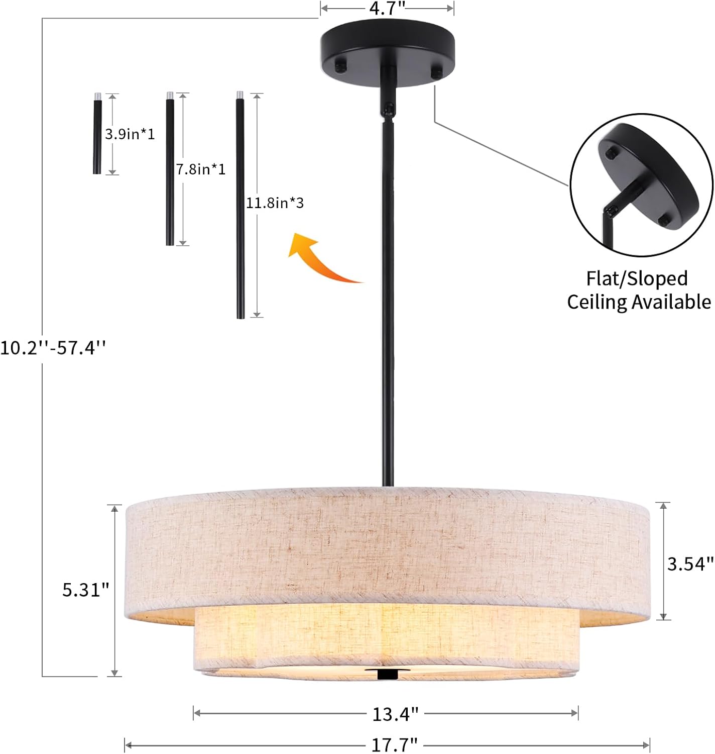 17.7" Modern Drum Chandeliers, 3-Light Pendant Light Fixture with E26 Bases, 2-Layer Round-Flower Fabric Shade Chandeliers for Dining Room, Bedroom, Living Room, Kitchen, Foyer
