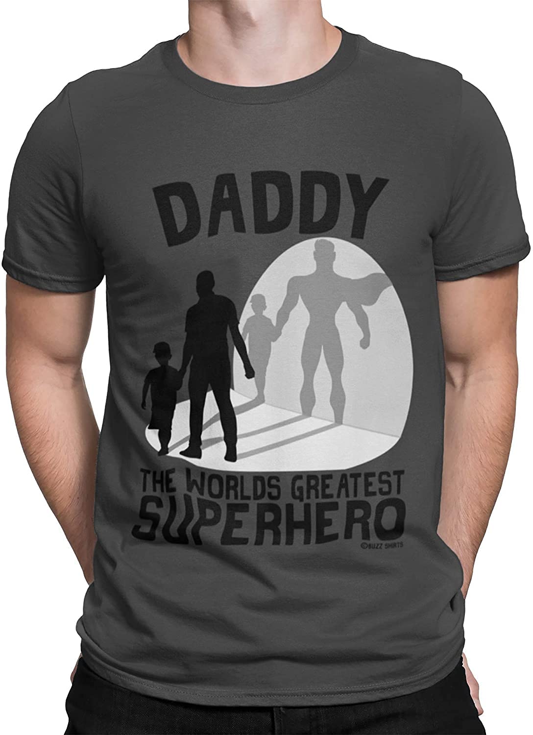 buzz shirts Daddy The Worlds Greatest Superhero (Father and Son), Mens Organic Cotton Fathers Themed T-Shirt Charcoal