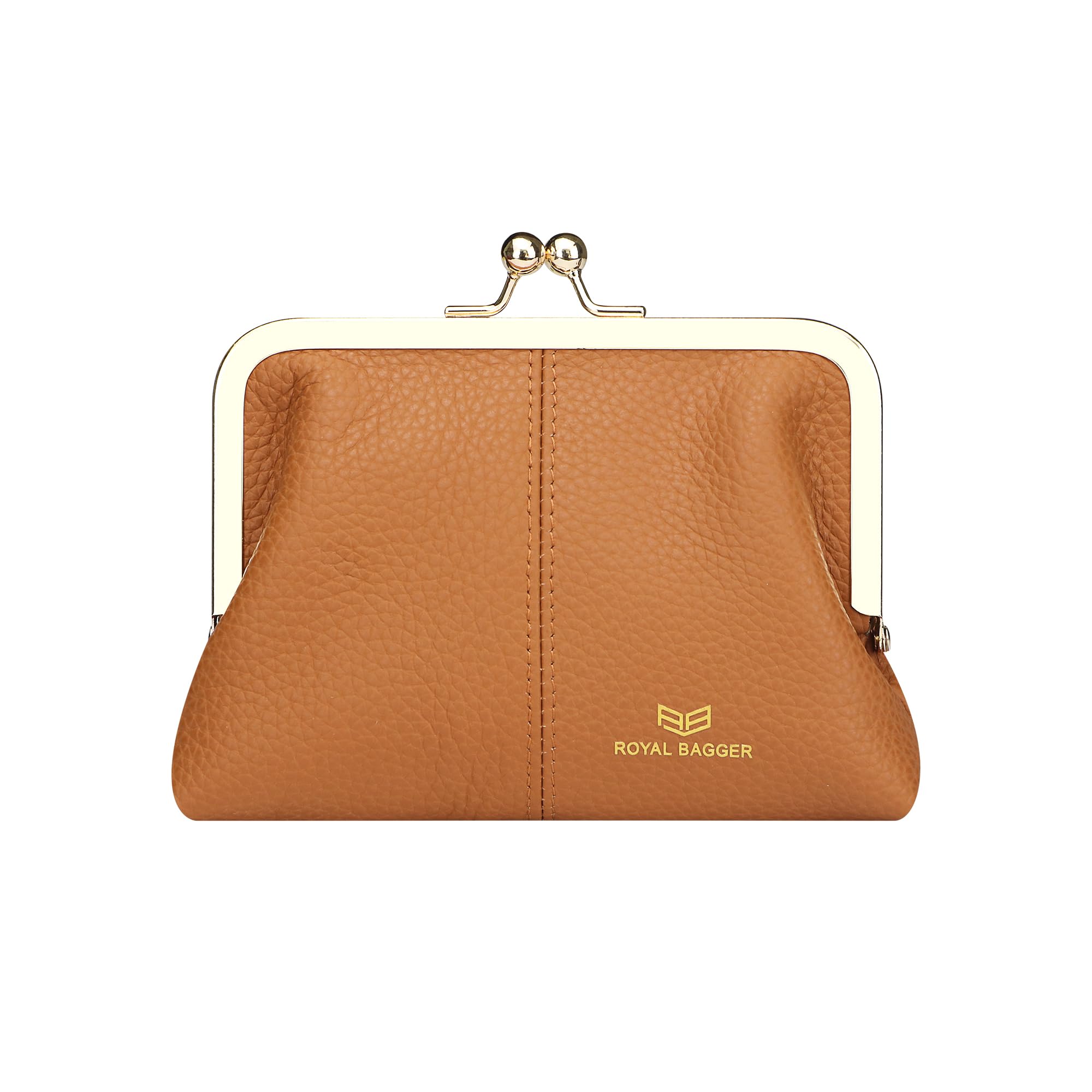 Royal Bagger RFID Blocking Coin Purses for Women, Fashion Kiss Lock Change Pouch, Genuiine Cow Leather Key Card Storage Bag 6120 (Brown)