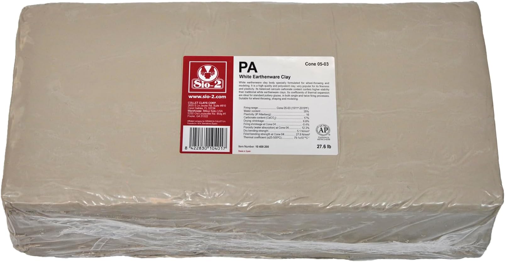 SIO-2 PA White Earthenware Low Fire Pottery Clay, 27.6 lb (12.5 kg), Kiln-Fired Clay for Wheel-Throwing, Hand Building & Modelling - Create Pottery and Artwork, Ready-to-Use