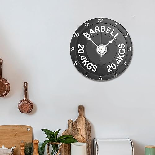 Miniatura 5 de ArogGeld Reloj de pared con placa de pesas para levantamiento de pesas, decoración de gimnasio de 10 pulgadas, funciona con pilas, silencioso, sin