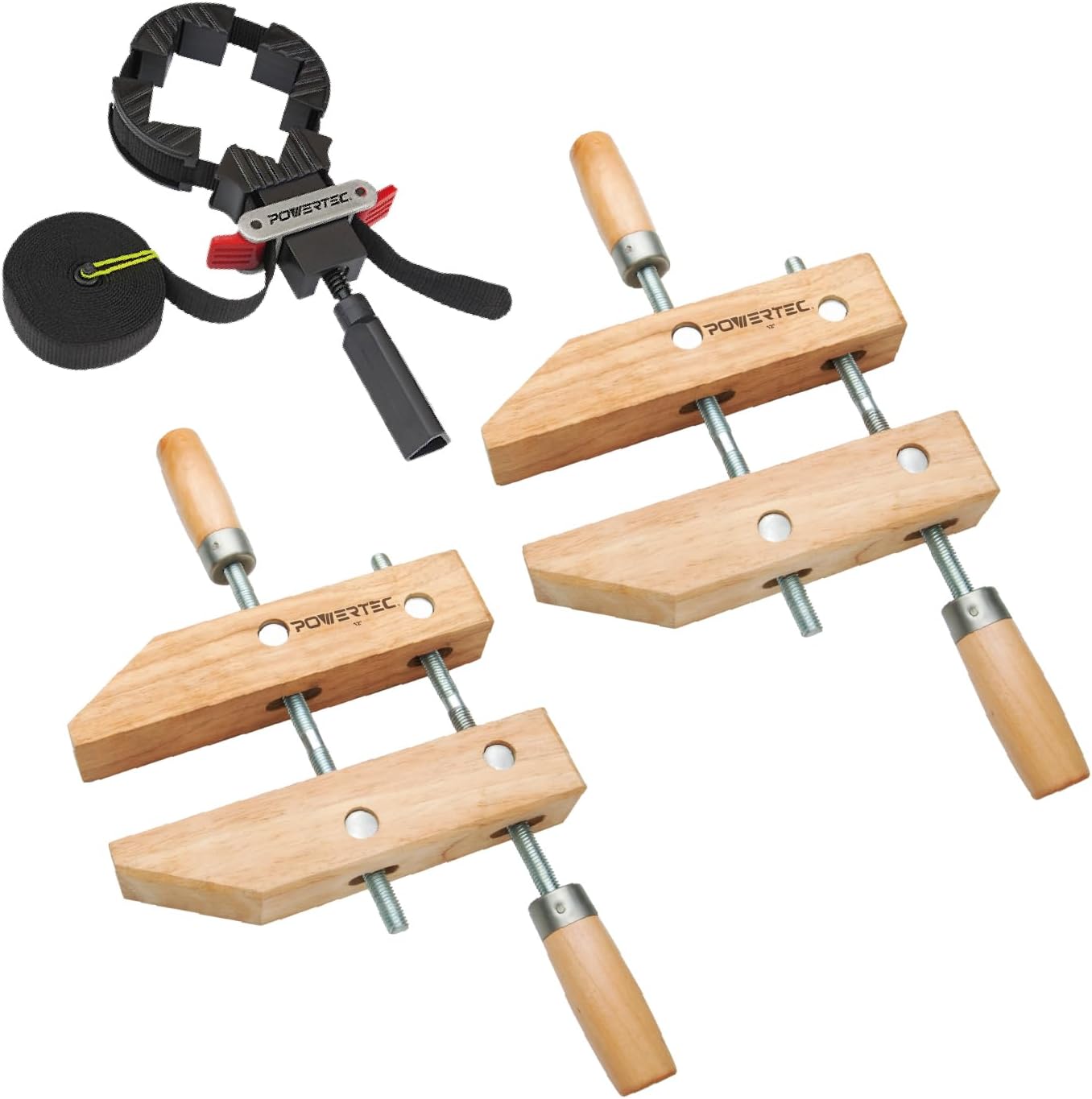 POWERTEC Strap Clamps with Quick Release Spring + 12" Wooden Handscrew Clamp for Woodworking, Picture Frames, Chairs, Cabinets, Drawers, Arts & Crafts, Backdrop Stand and DIY Projects