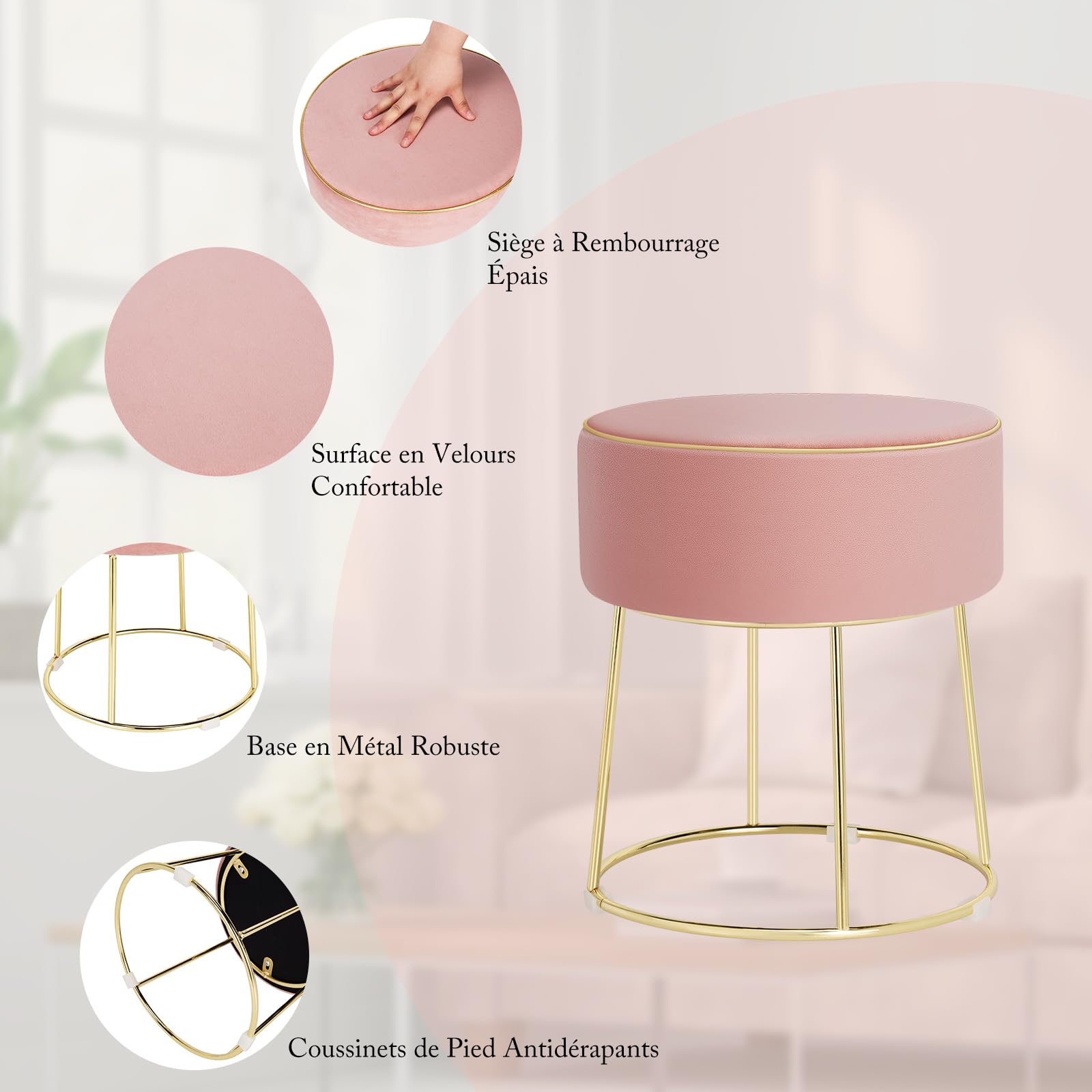 COSTWAY Tabouret Coiffeuse Rond, Pouf Coiffeuse en Velours Rembourré, Pouf Tabouret, Base en Métal, Coussinets Antidérapants, pour Salon, Chambre, Entrée, 35 × 35 × 41 cm (Rose)