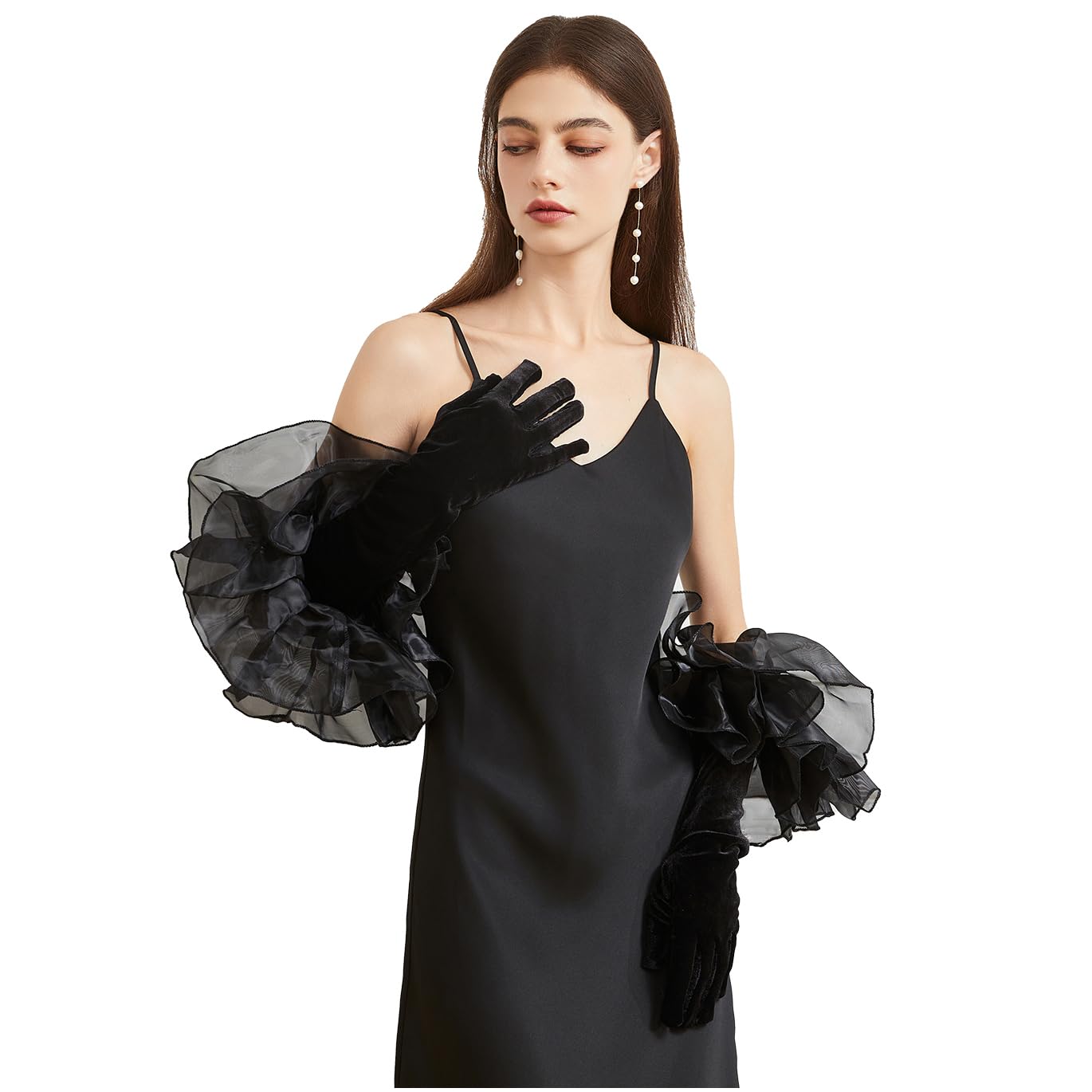 Huralona Women Long Puff Gloves Opera Velvet/Satin/Tulle Gloves Elbow Oversized Satin Ruffled Banquet Wedding Dance Party