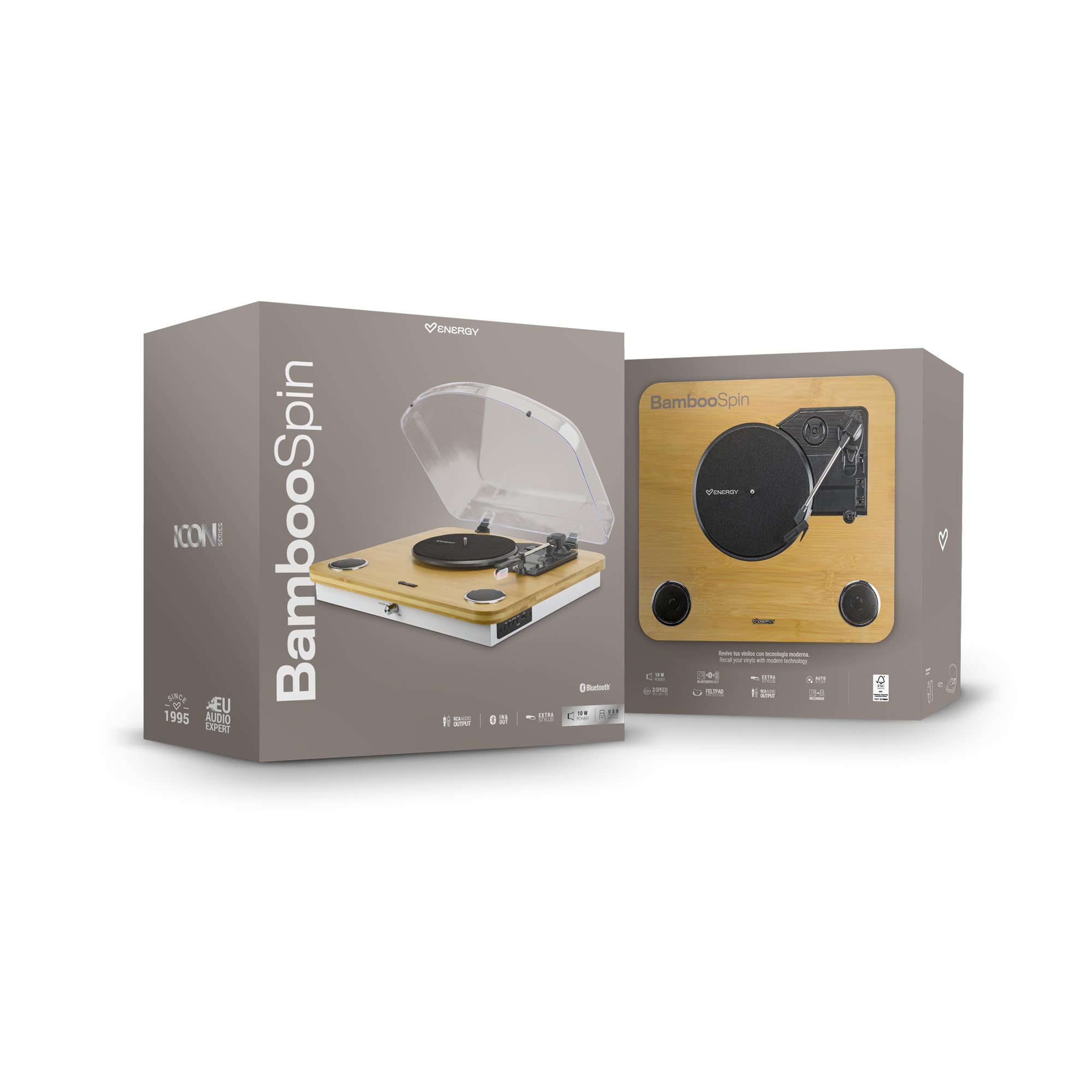 Energy Sistem BambooSpin Tourne-Disque Puissance 10 W, Lecture à 33/45/78 TR/Min, Fonction Auto-Stop et connectivité Bluetooth in&Out- RCA et USB Player/Encoder