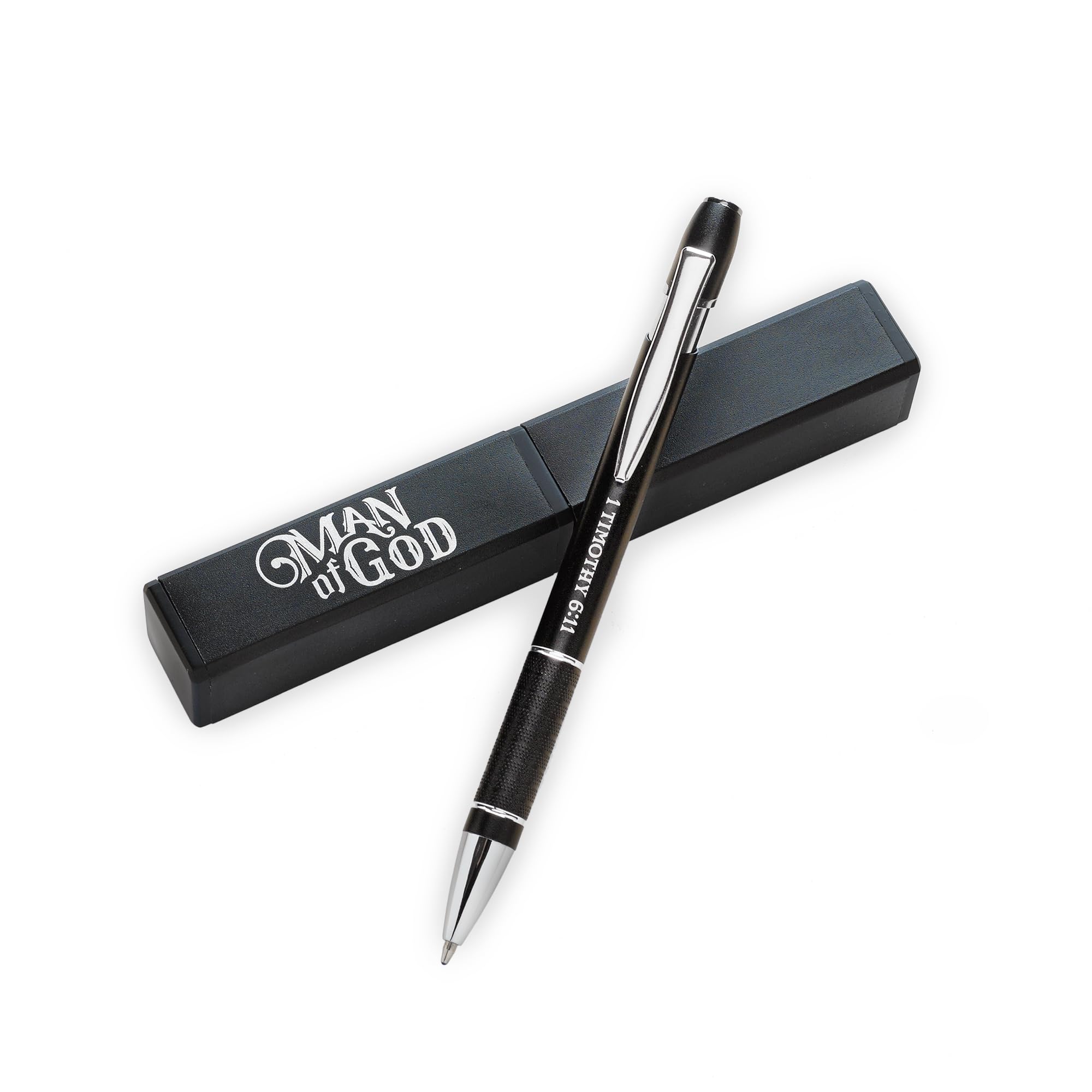 Christian Art Gifts Man Of God Black Stylish Classic Ballpoint Pen in Matching Gift Case - 1 Timothy 6:11 Bible Verse Refillable Retractable Medium Black Ink for Journal, Planner, Writing, Notes