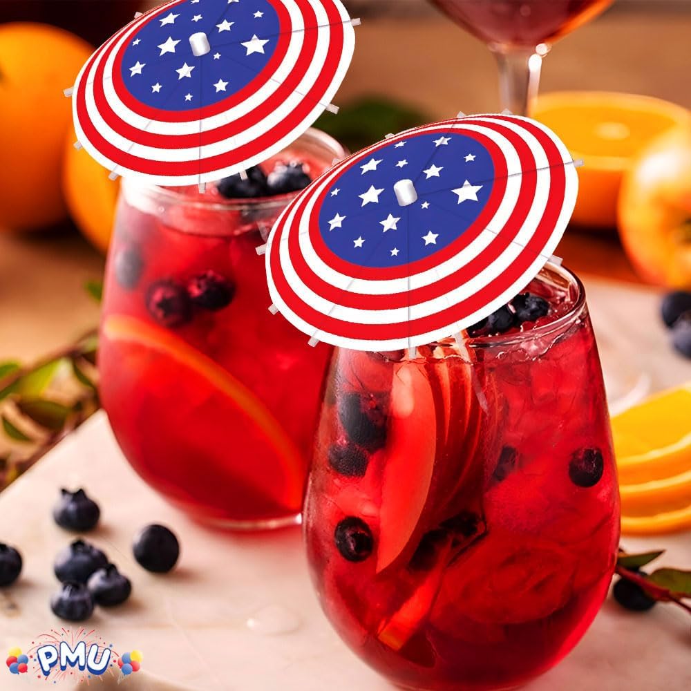 PMU Pcs 144 Patriotic Stars & Stripes American Flag Drink Umbrellas – 4th of July Toothpick Flags, Cupcake Toppers, Umbrella Drink Picks, Cocktail Picks & Patriotic Party Supplies (12 Pack of 12)