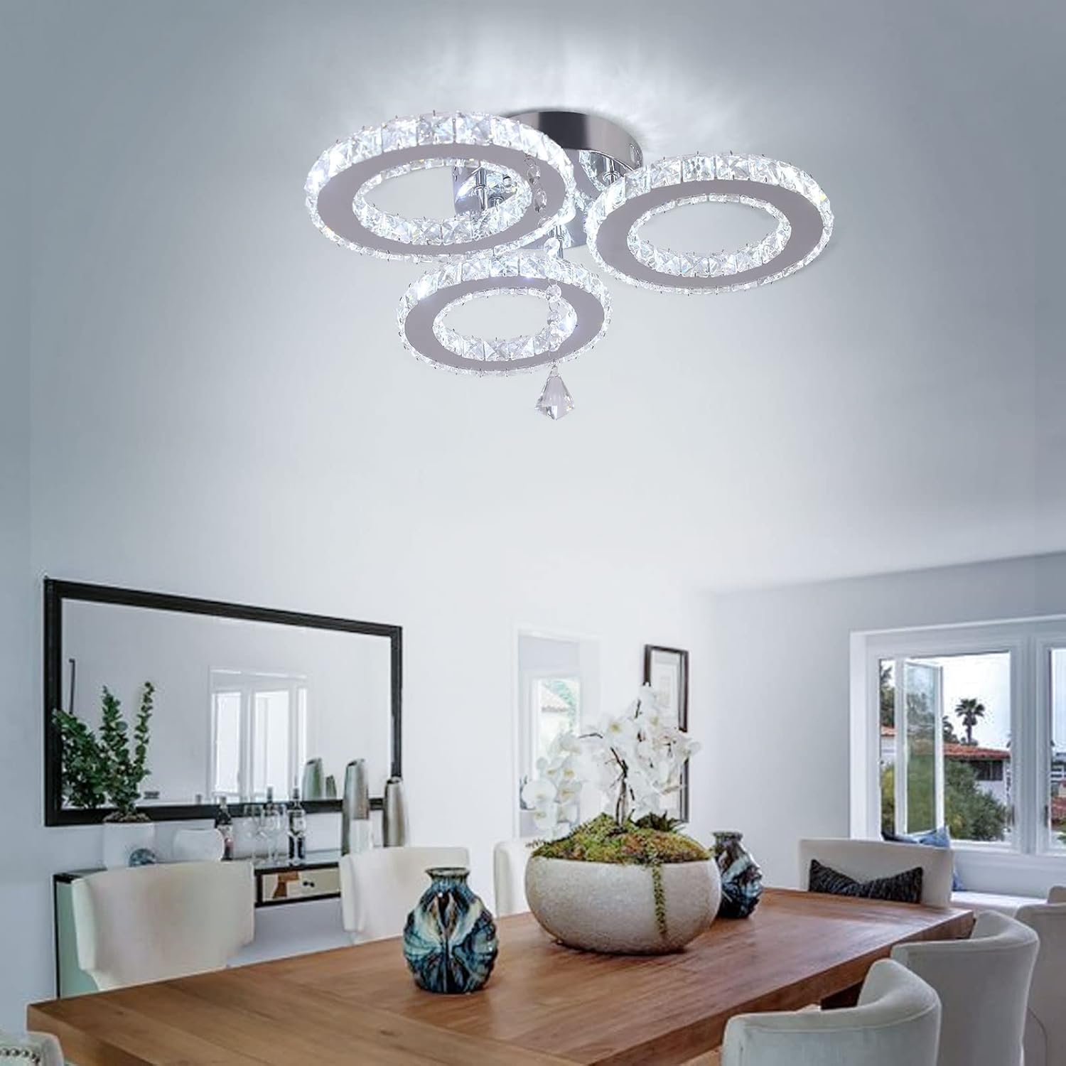 LED Crystal Ceiling Light 13x3.5 Inches 3 Rings Crystal Chandelier Flush Mount Lighting Fixture for Bedroom Hobby Living Room (Cool White)
