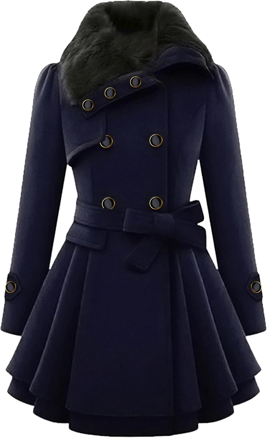 Womens Winter Warm Double Breasted Jacket Lapel Faux Fur Collar Trench Coat Mid Long Swing Coat with Belt