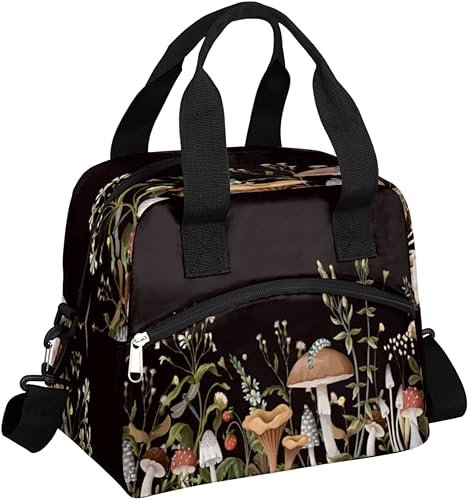Lonchera con diseño de hongos del bosque, bolsa aisladaenfriadora para mujeres, hombres, niñas, niños, hojas de hierbas, bolsa de almuerzo con