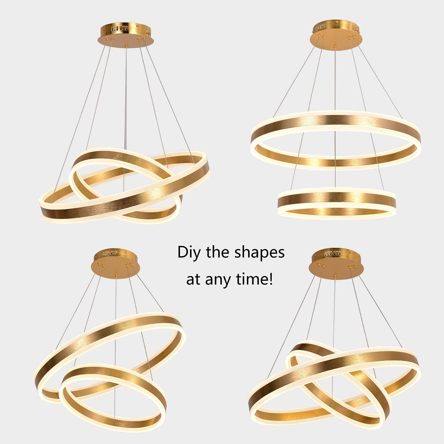 🔥 AKEELIGHTING Modern Led Chandeliers Gold Pendant Lighting Contemporary 2 Ring LED Dimmable Dining Room Lighting with Remote Bedroom Neutral White 4000k