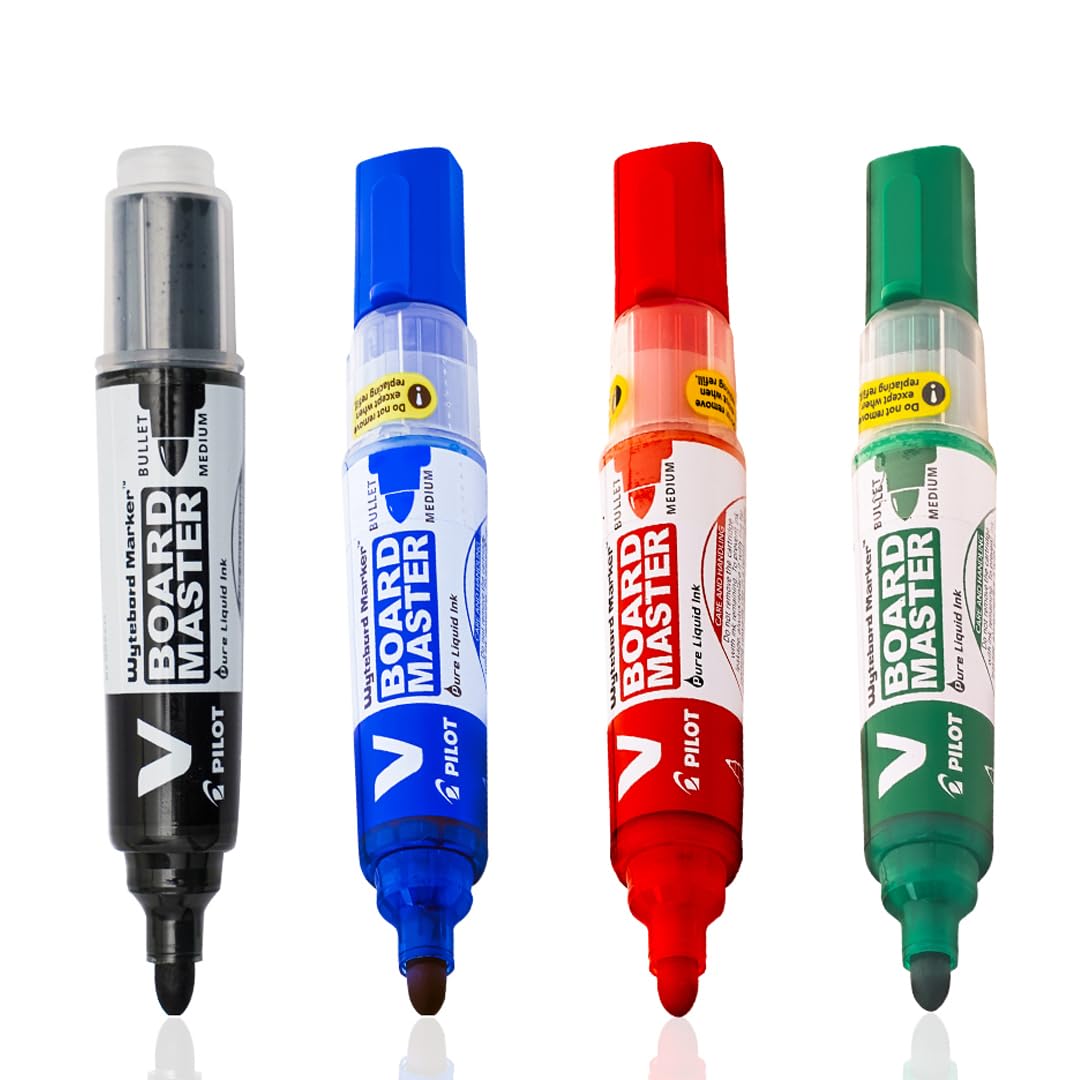 Pilot V Board Master Medium Bullet Tip Liquid Ink Pen with Replacable Tip & Ink Cartridge | Pack Of 4 - Black, Blue, Red & Green