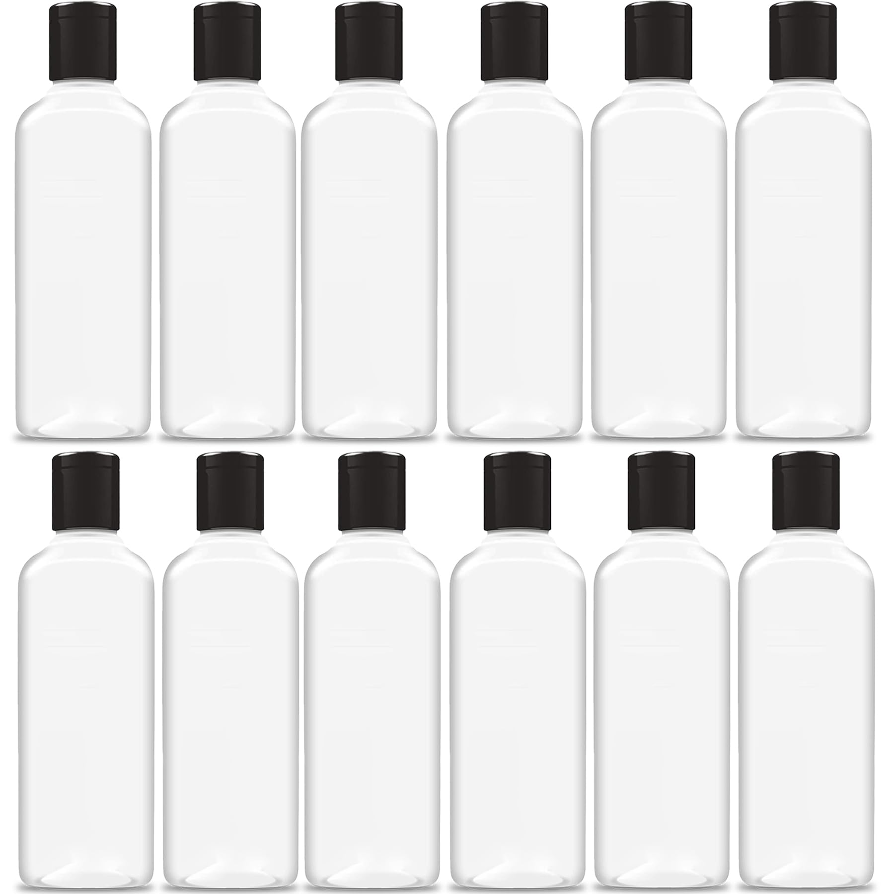 MADHYA 200ml Squeeze Bottle with Flip Top Cap, Empty BPA-Free Refillable Container For Shampoo, Lotions, Liquid Soap, Creams, Liquid Cosmetic Travel Size Transparent Bottle, Black Flip-Top, Set of 12