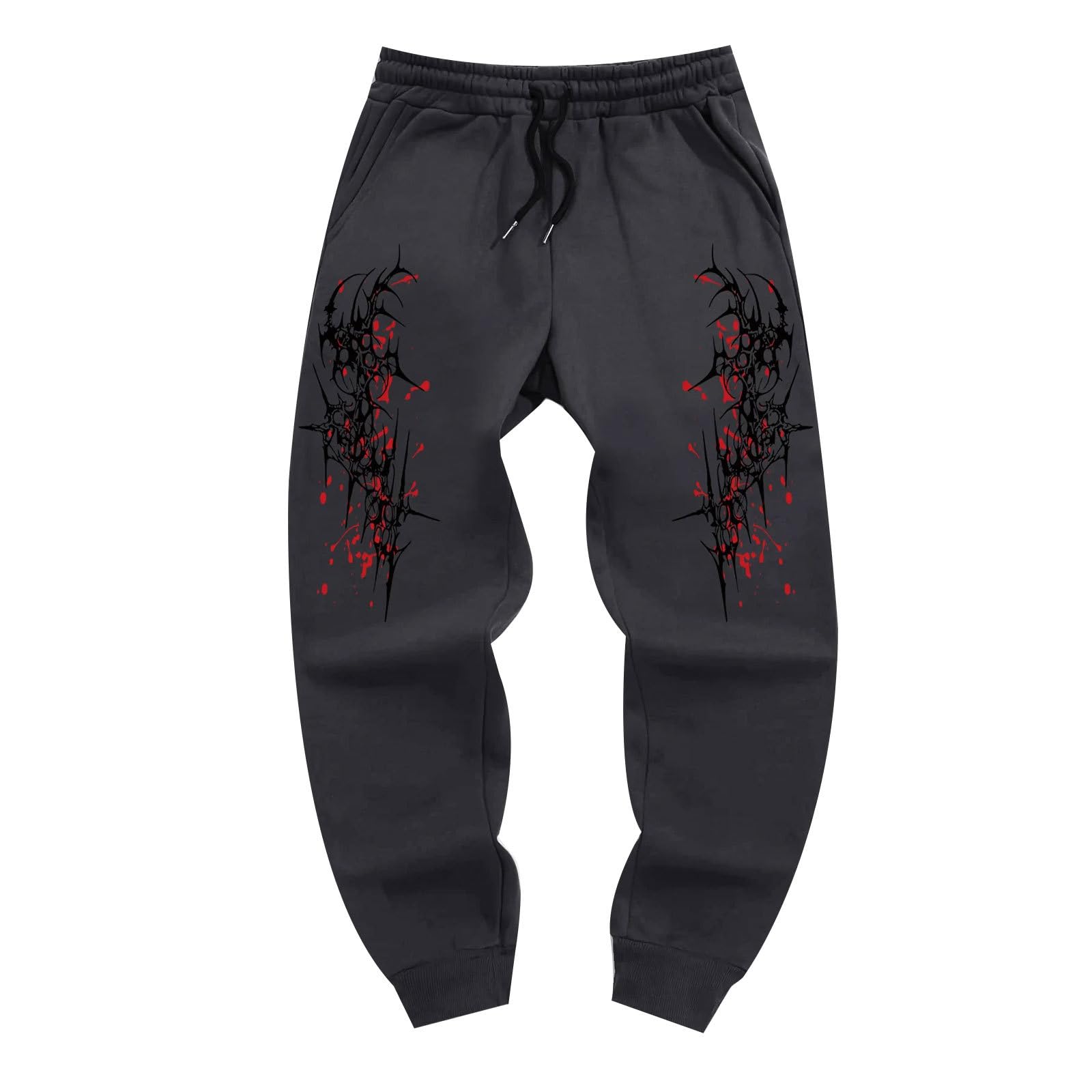 Hibaood Men's Dark Grey Gothic Thorn Print Jogger Sweatpants For Y2k Dark Aesthetic Streetwear Graphic Casual Jogging Bottoms, Elastic Drawstring Waist Hip Hop Sweatpants With Pockets