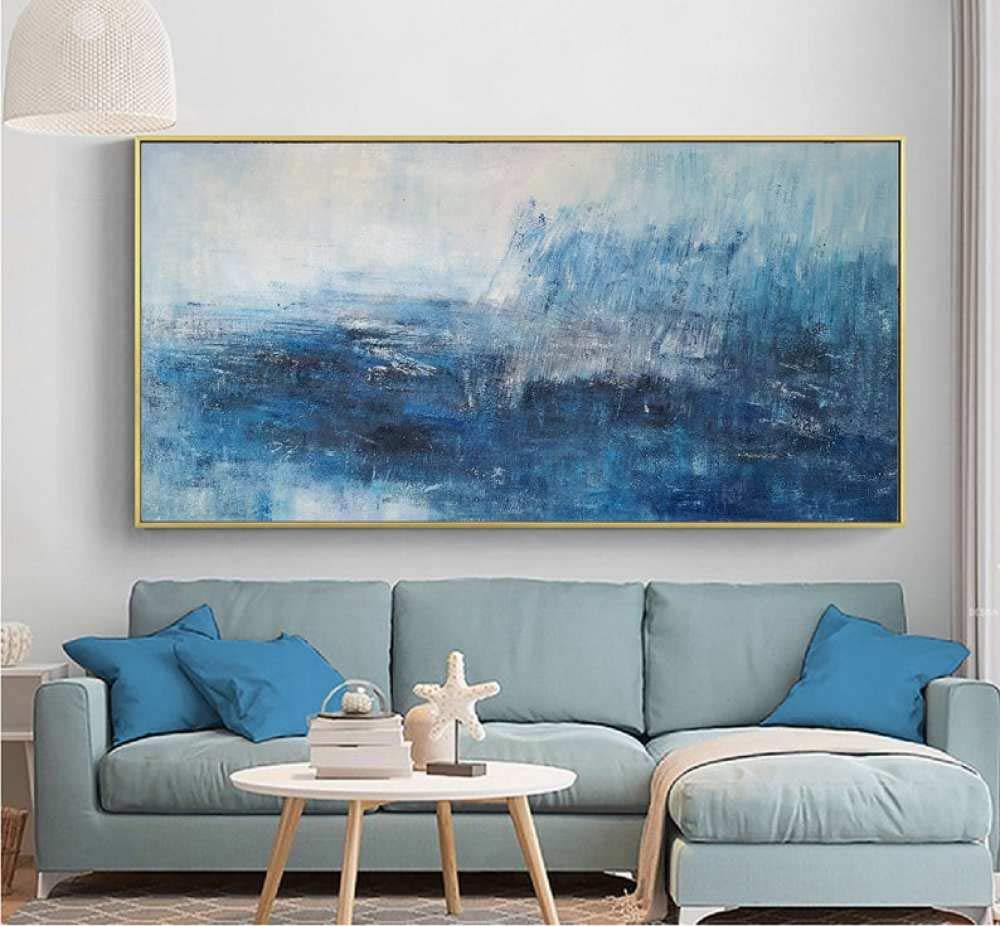 Mano Pintura Óleo Pintada Cuadros,Pintado A Mano Abstracto Azul Mar Paisaje Arte Óleo Sobre Lienzo Sala De Estar Restaurante Porche Decoración Moderna Arte De Pared Imagen Sin Marco, 60X120Cm (23.