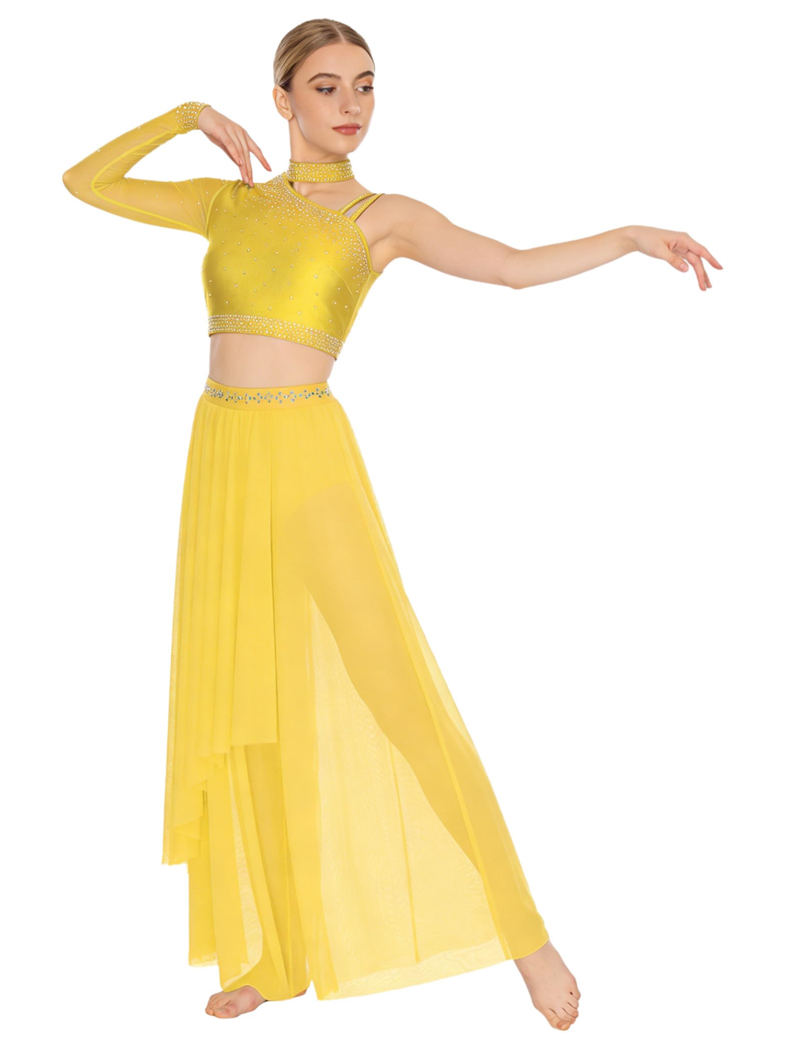 Tenue Danse Lyrique pour Femmes Scintillante Crop Tops Manches Longues avec Collant Danse Tenue Contemporaine Moderne