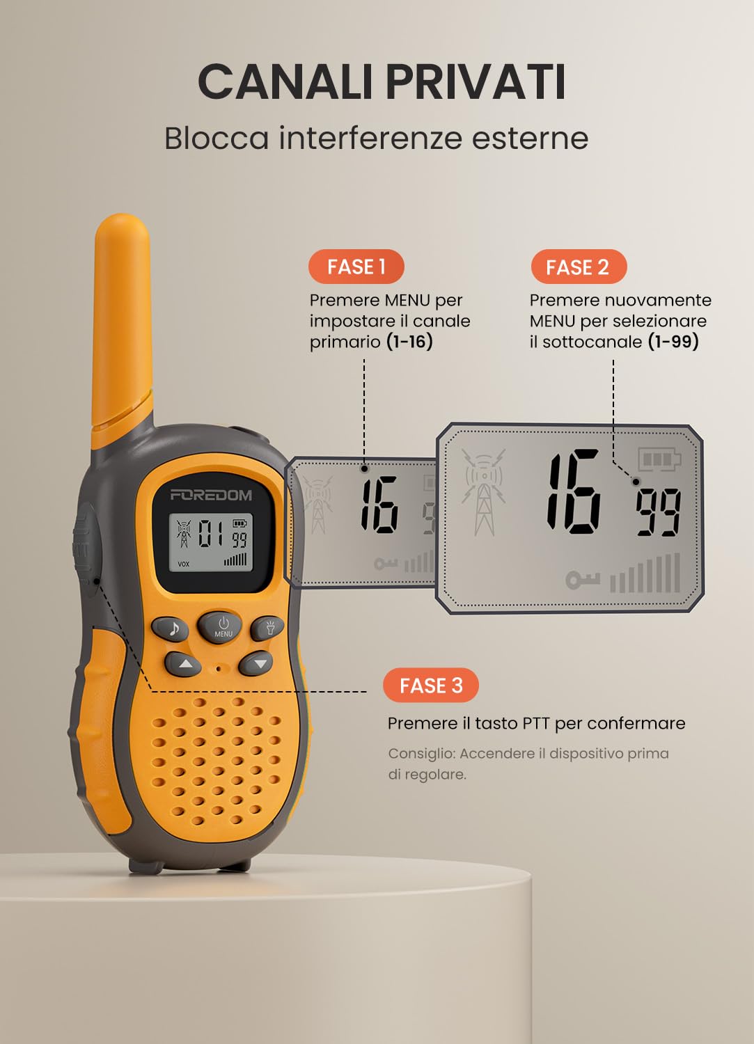 FOREDOM Walkie Talkie Ricaricabili per Bambini di Età Compresa tra 3 e 12 Anni Regalo di Compleanno con Torcia, Confezione da 2 – Arancione