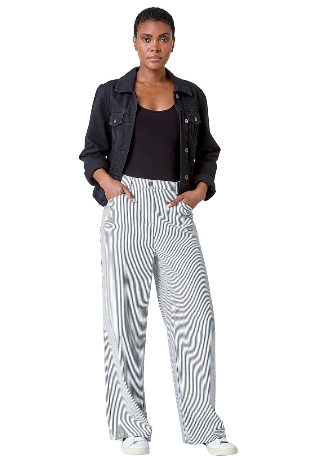 Roman Stripe Wide Leg Stretch Trousers - Black - Size 20