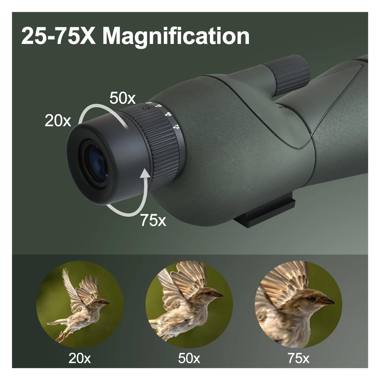 Telescopio monocular de 25-75x60 con Zoom Potente, Resistente al Agua, for observación Aves y Tiro Blanco trípode(Black Set)
