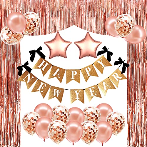 Happy New Year Decorations 2022 Set - Glitter 10 Feet Happy New Year Banner No DIY | Big, 10 Feet Rose Gold Fringe for New Years Eve Party Supplies 2022 | New Years Backdrop, New Years Decorations