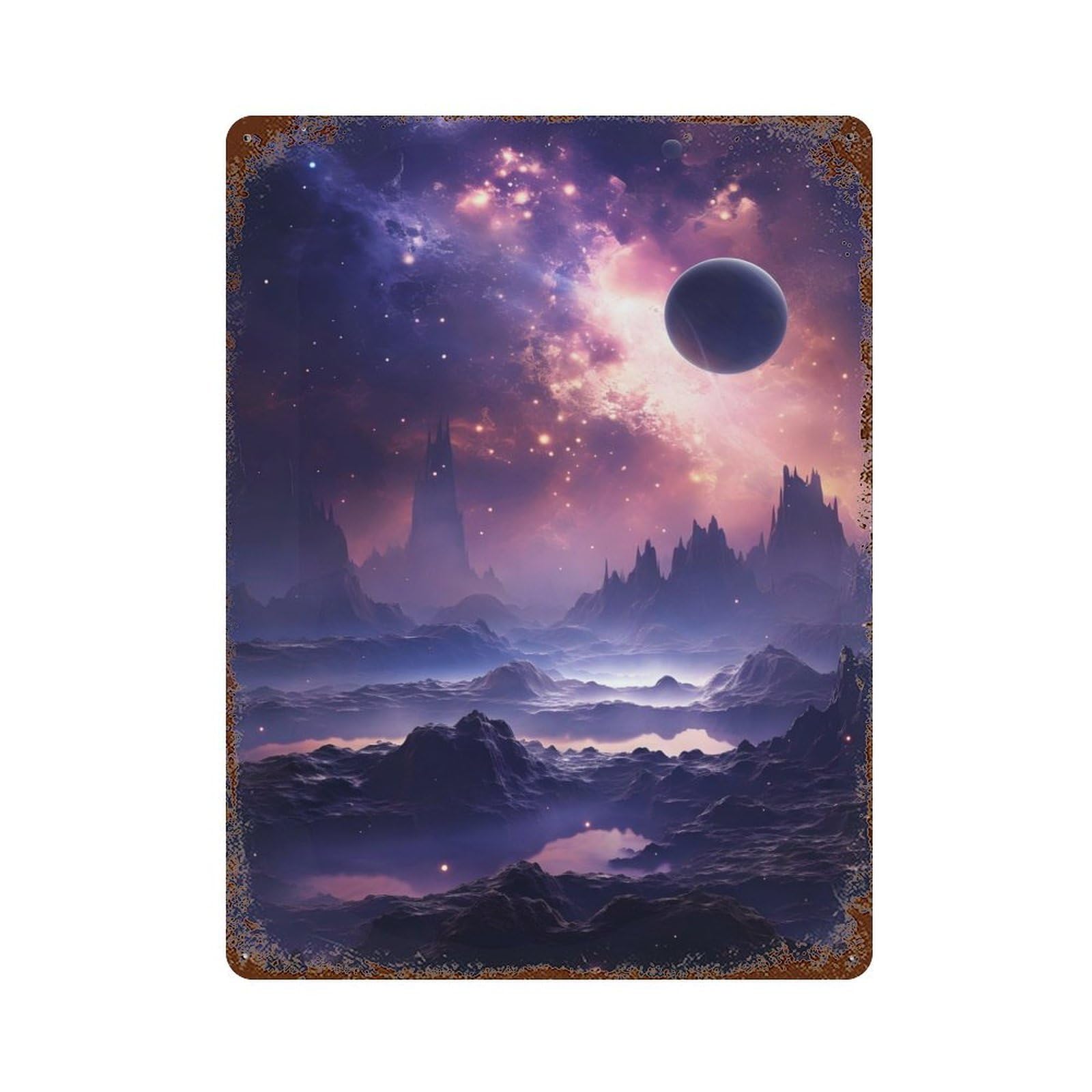 Rust Effect Futuristic Planet Aged Metal Wall Plaque 15.7"x11.8", Farmhouse Wall Decor for Office, Studio And Wall Decor