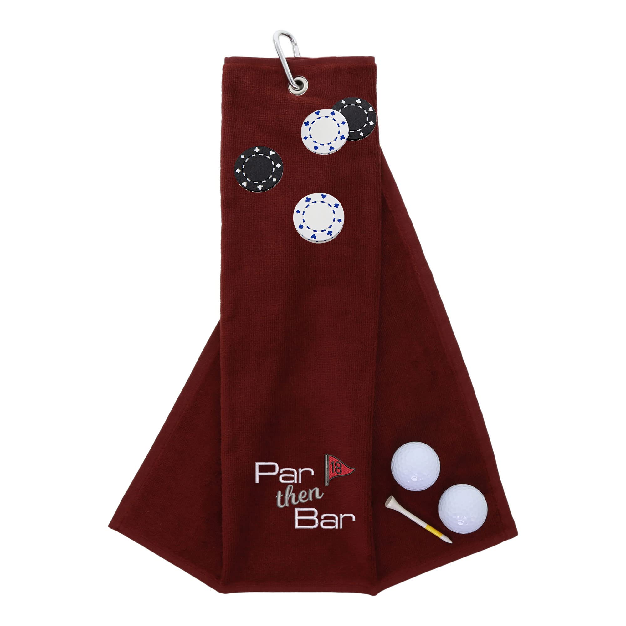 aztex Funny Trifold Golf Towel and Poker Chip Marker Set Gift for Men, Carabiner Clip for Golf Bags, Par Then Bar, Wine