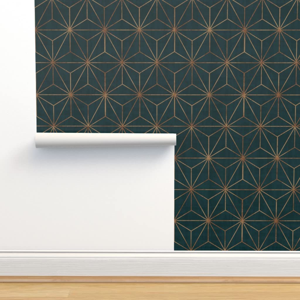 Spoonflower Peel & Stick Wallpaper Swatch - Star Geo Deep Teal Copper Geometric Holiday Triangles Custom Removable Wallpaper
