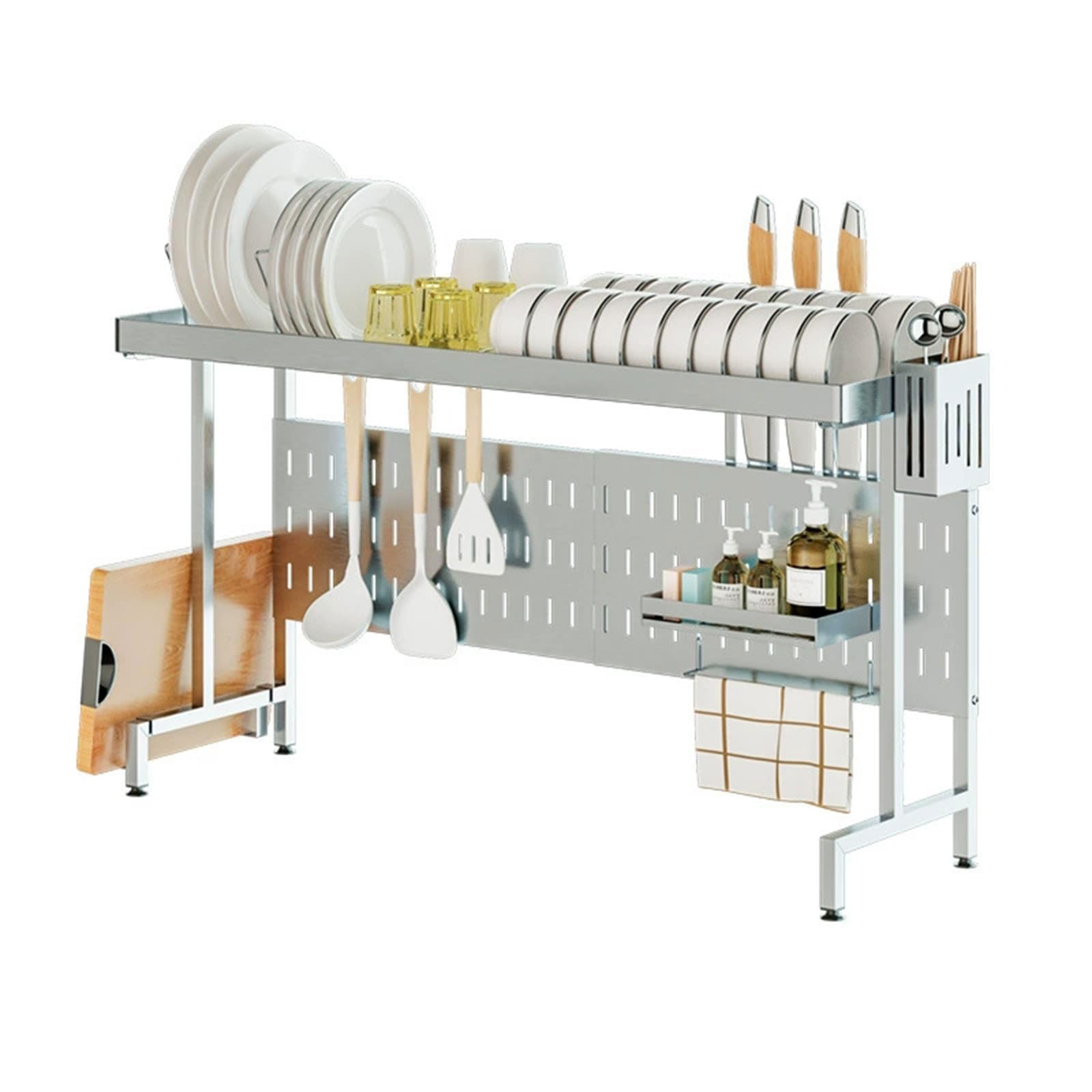 Escurridor de platos, estante de almacenamiento extensible de acero inoxidable para fregadero, diseño estable para platos, vasos, cuencos y cubiertos, organizador de cocina multifuncional