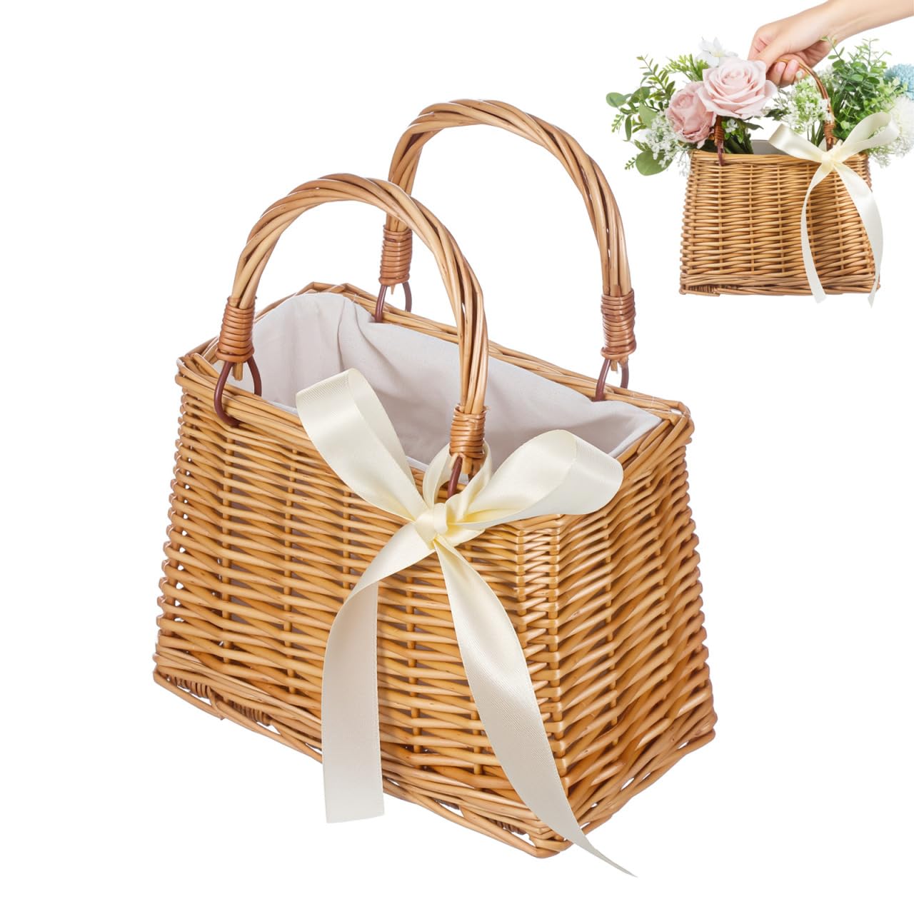 Cabilock Panier à main en osier naturel tissé à la main pour fille avec ruban blanc