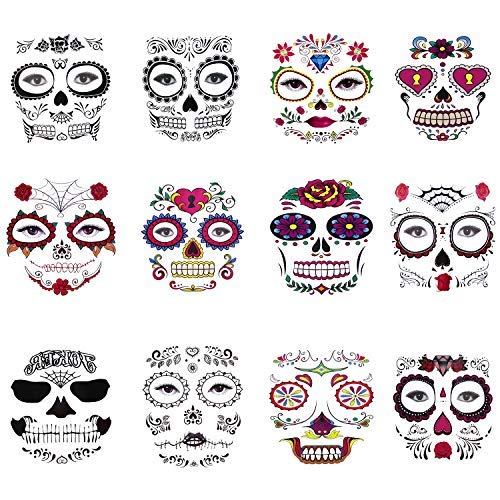12 Pack Day of the Dead Face Tattoos Sugar Skull Temporary Face Tattoo Halloween Makeup Tattoo for Men and Women