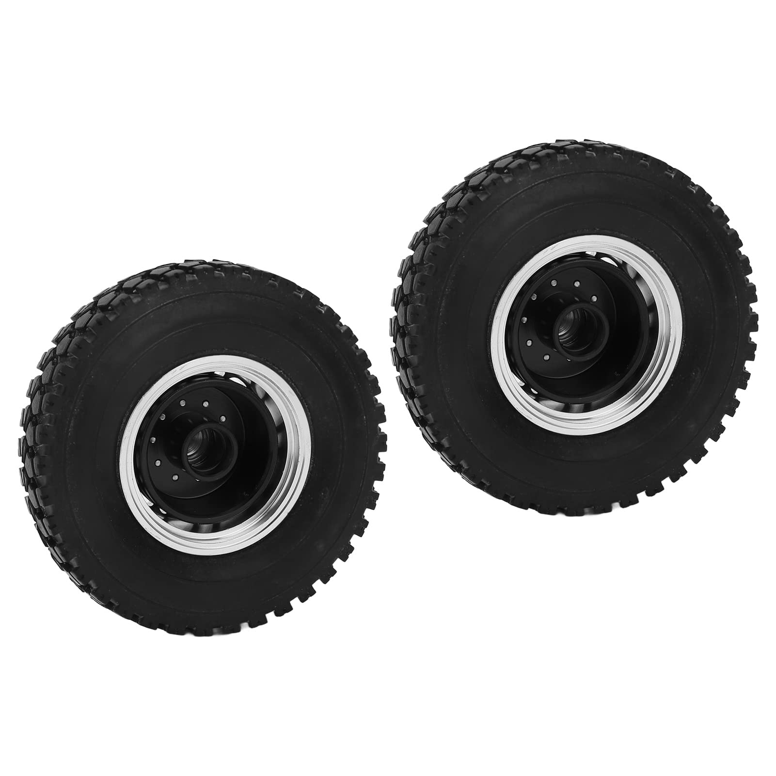 2 pezzi RC Auto Pneumatici Cuscinetto della Ruota Anteriore Cerchi in Lega di Alluminio Argento Pneumatici in Gomma Nera per 1/14 Autocarro con Cassone Ribaltabile