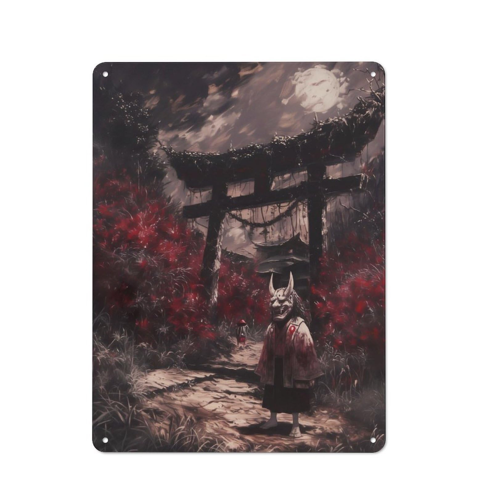 Junmoney Oni Mask Torii Gate Tin Wall Plaque 40X30cm With For Hobby Room Or Studio, For Updating Hobby Room And Studio After Moving