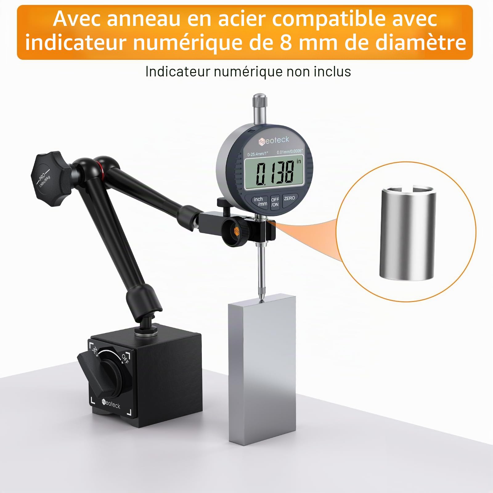 Neoteck 80KG Base Magnétique avec Bras Articulé pour Indicateur Numérique ou à Cadran – Support en Acier avec Interrupteur ON/OFF – Pour Usinage et Mesure de Précision - Noir