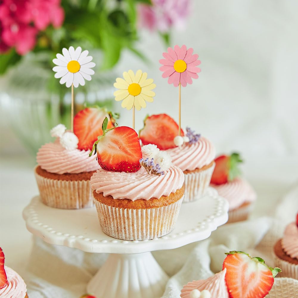 Taartdecoratie, 12 stuks, taarttoppers, madeliefjes, madeliefjes, chrysant, feestdecoraties voor Happy Birthday, taartdecoratie, feestdecoratie voor meisjes en kinderen, bruiloft (wit