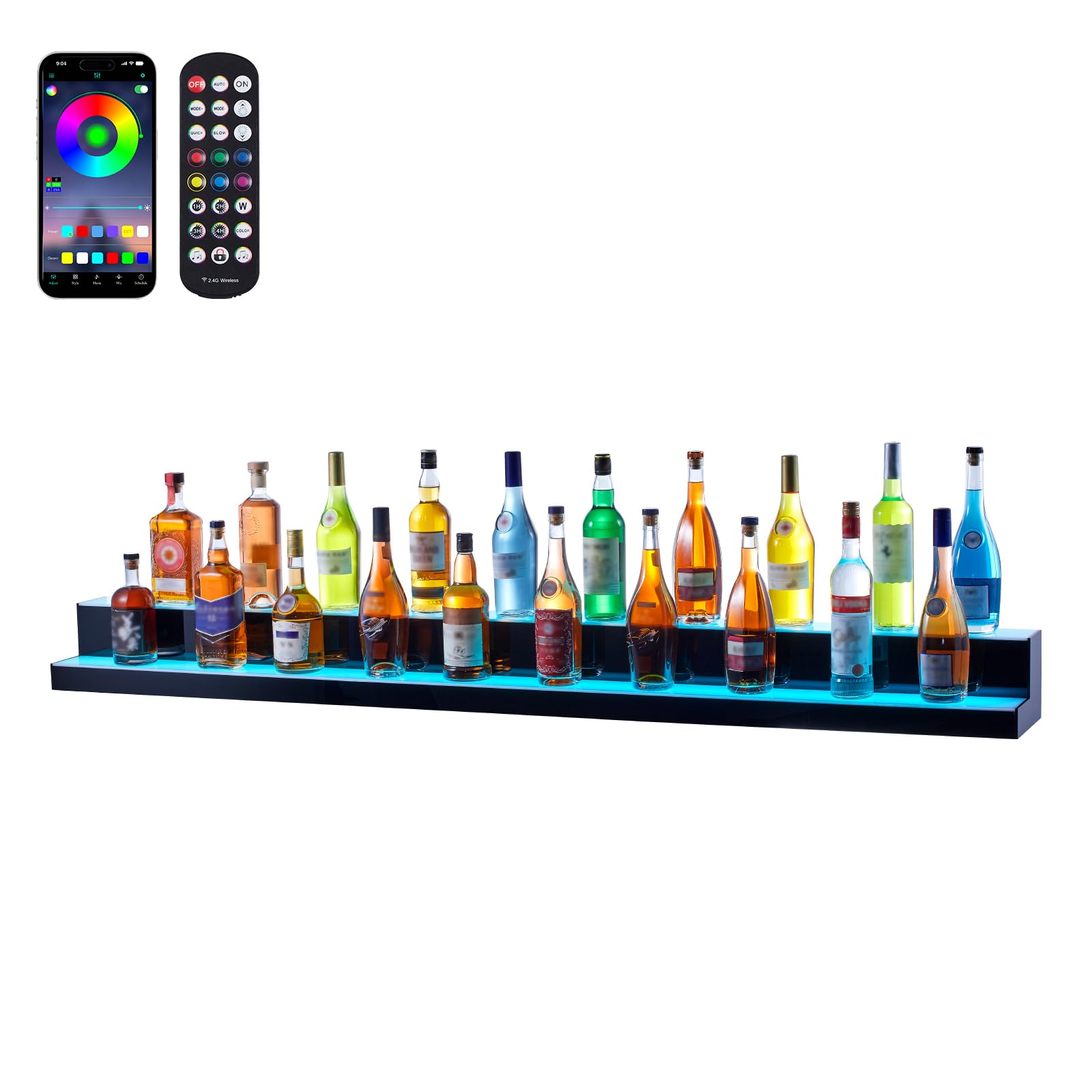 VEVOR LED Lighted Liquor Bottle Display, 2 Tiers 72 Inch Commercial Illuminated Home Bar Shelf, 2 Steps Whiskey Rack Stand, Acrylic Drink Shelves with RF Remote &amp; App Control, and Multicolor Light