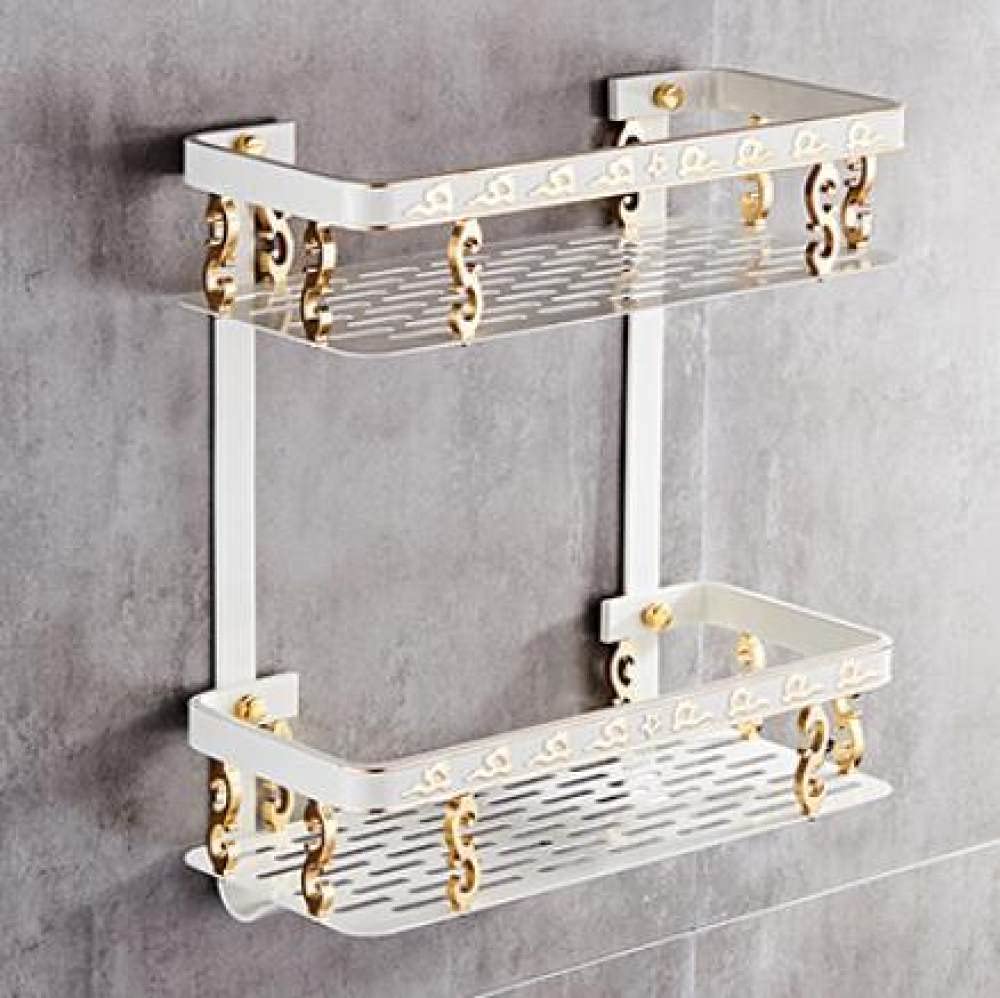 VVW&LIU Juego de Accesorios de baño Juegos de Accesorios de baño de Aluminio Tallado Toallero, portapapeles Portaescobillas de Inodoro Blanco y Dorado, Estante Cuadrado 2