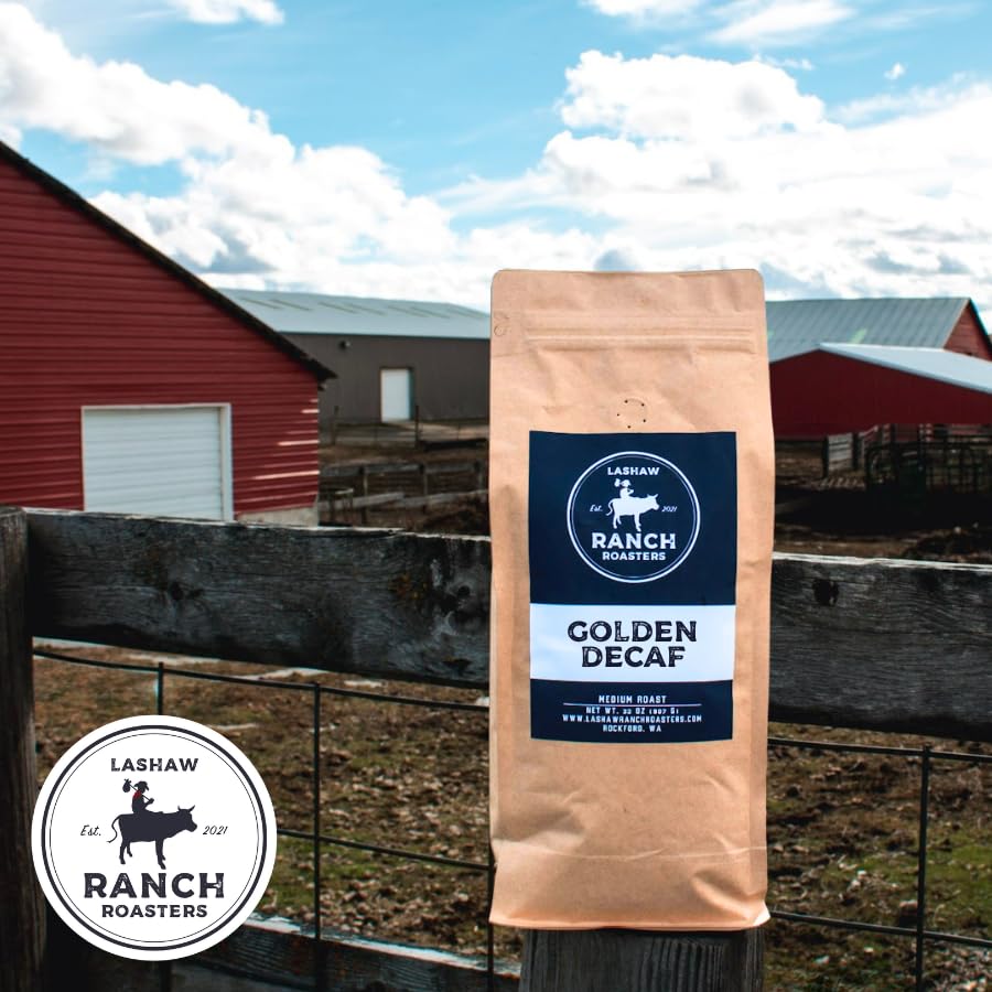 LaShaw Ranch Roasters - Golden Decaf Coffee, Medium Roast, Water Processed, Whole Bean, Premium Quality, Non-GMO, 100% Arabica, Rich Bodied, 32oz Bag (Pack of 1)