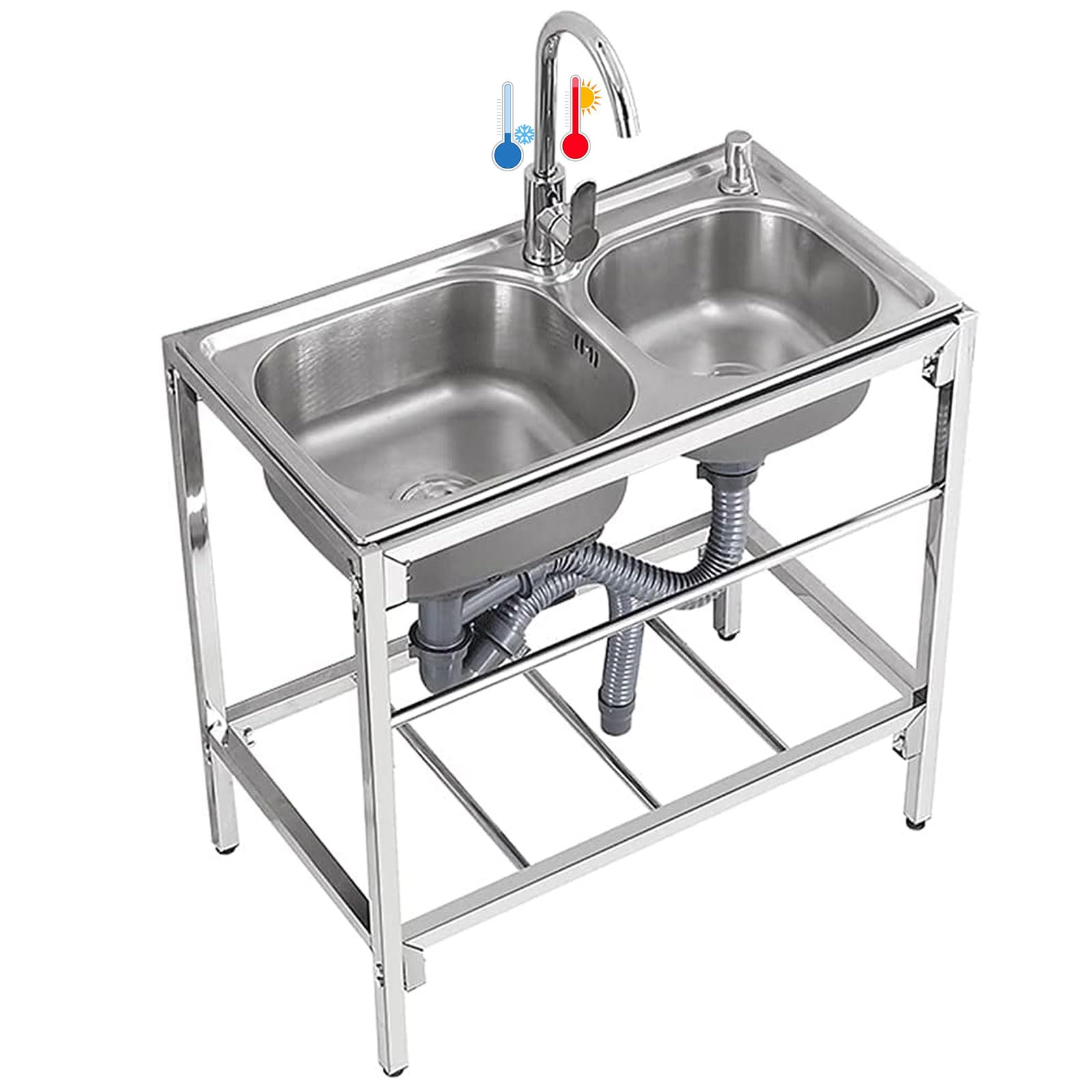 ZQFHSX 2 Compartment Kitchen Sink Freestanding with Workbench & Storage Shelves Commercial Restaurant Set for Garage, Laundry Room, Outdoor Garden