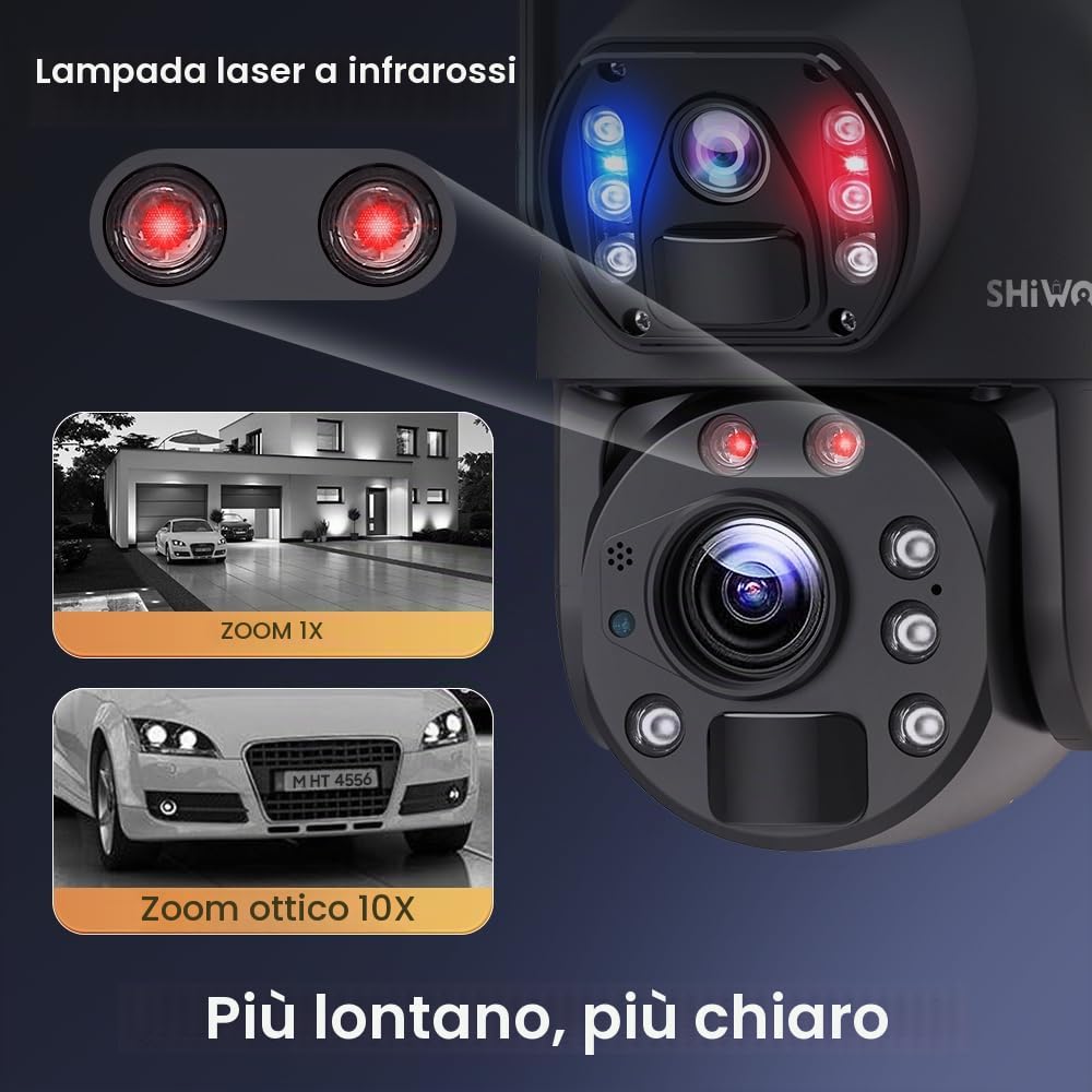 SHIWOJIA 36X Telecamera WiFi Esterno Solar, 6MP 360° PTZ Telecamera di Sorveglianza con Doppia Lente, 100m Visione Notturna a Colori, PIR Smart Detection, Audio Bidirezionale