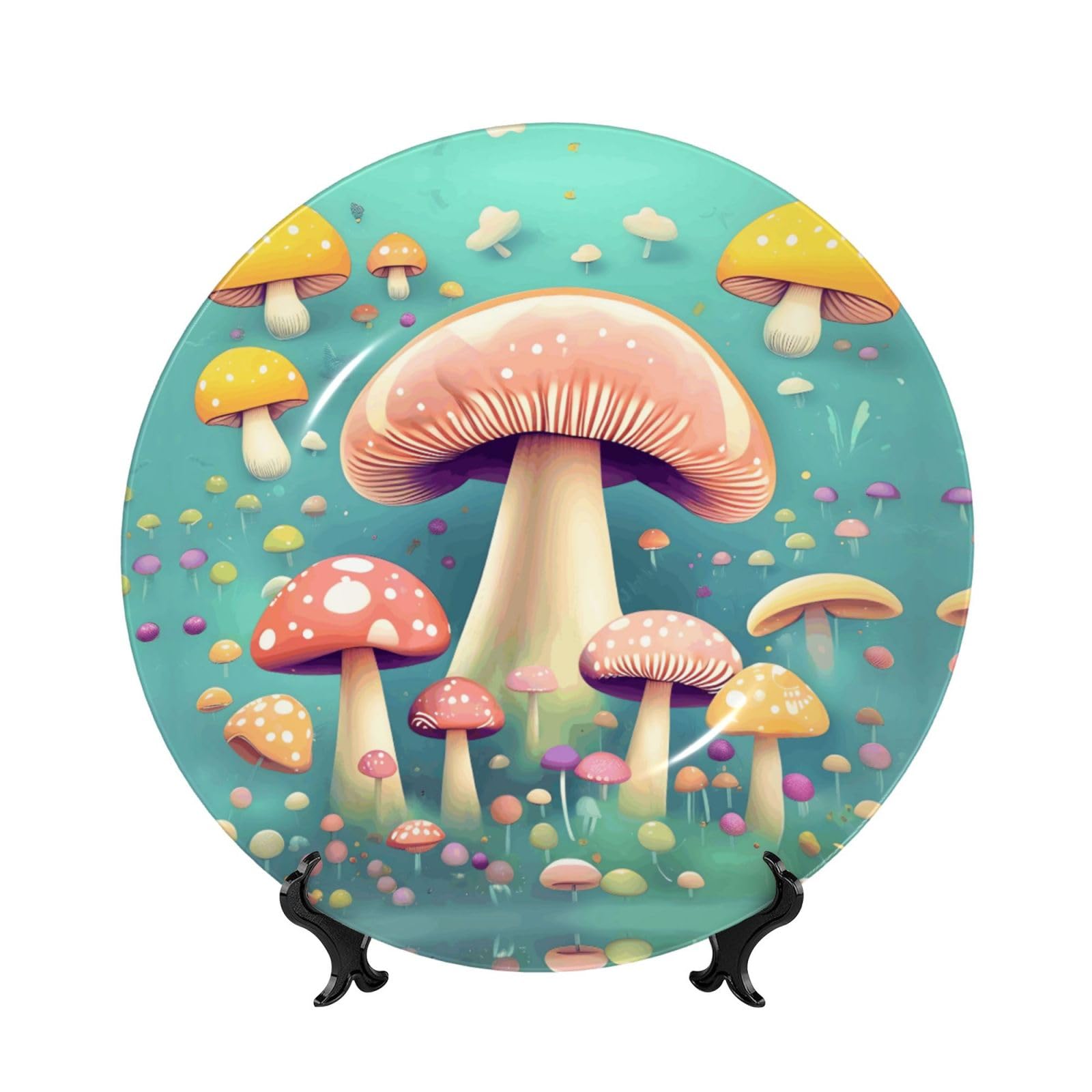 SXZVVBN Pretty little mushrooms Bone China Decorative Plate Art with Stand Removable Adhesive Hanging for Home Office 7in
