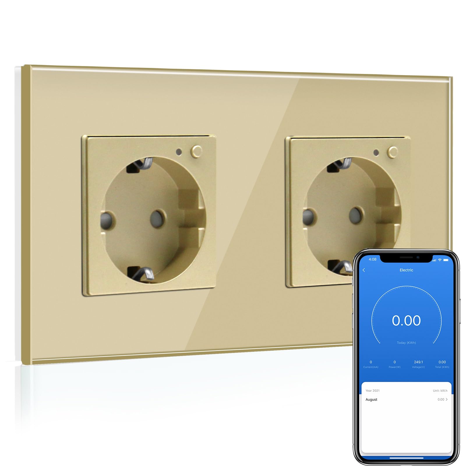BSEED BSEED Enchufe Doble de Pared WiFi con monitor de consumo de energía,Schuko Enchufe inteligente Compatible con Alexa y Google Home,Control de APP y Función de Temporizador,16A Oro
