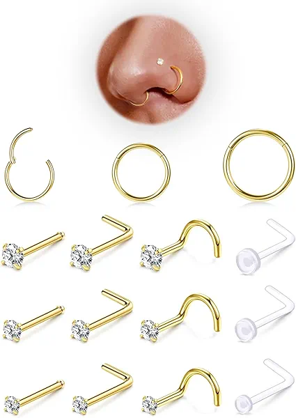 Hypoallergenic 14K Gold Plated Nose Rings Studs Set for Women Men:316L Stainless Steel Clicker Nose Rings,Dainty CZ L Shaped/Corkscrew/Straight/Clear Nose Studs,Nostril Piercing Jewelry 15PCS