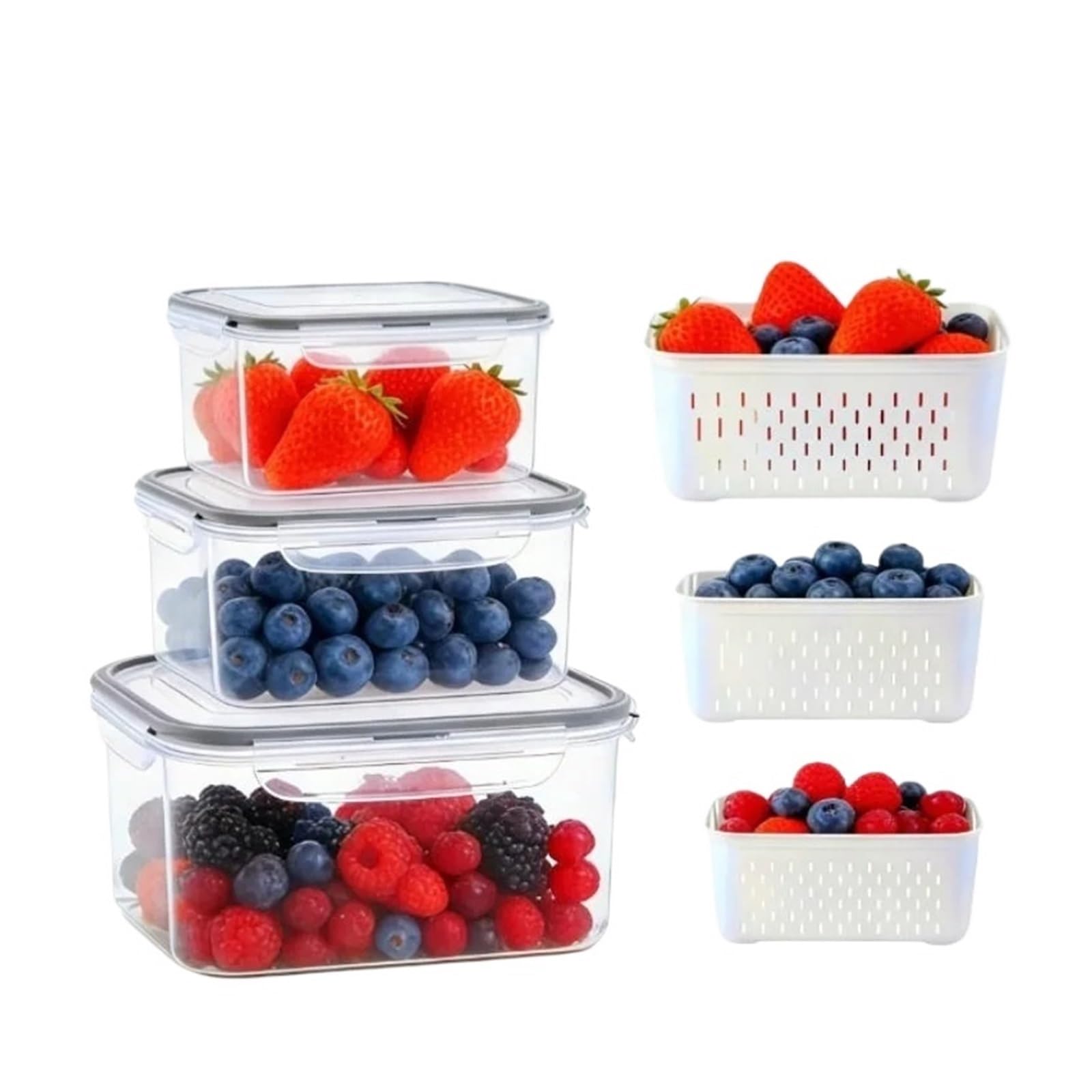WEIJTLBOD 6Set Of Large-capacity Refrigerator Fruit Preservation Containers，Comes With A Detachable Drain Basket，Sealed Food Storage Conta