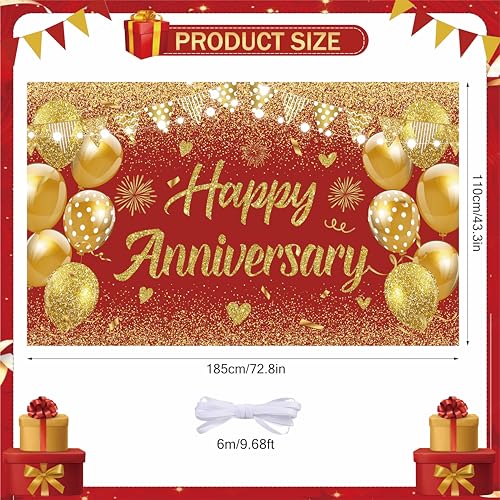 Image of Wedding Anniversary Banner Red Gold Happy Decorations for Women Men Party, Indoor Outdoor Decor Supplies 71 * 43 Inch