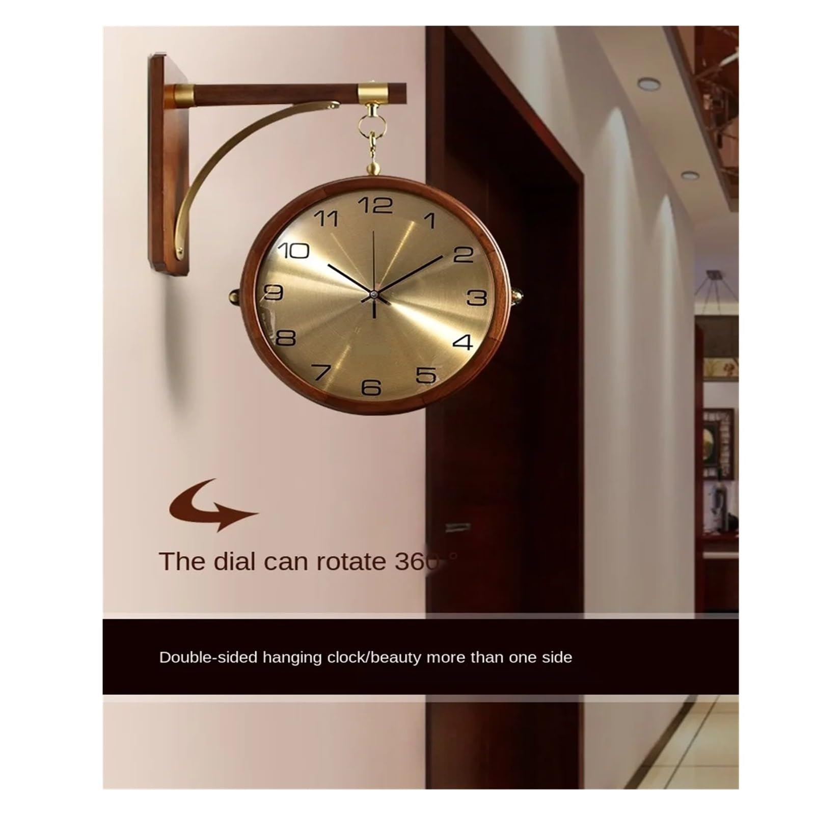 Reloj De Pared Lateral Doble Lujo, Madera Maciza Giratorio Silencioso Metal, Relojes Grandes Modernos, Decoración del Hogar, La Sala Estar Preciso Y Silencioso(360 Walnut Copper)
