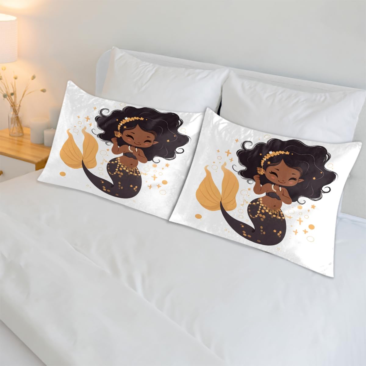 Silk Pillowcase for Hair and Skin, 2 Pack Cooling Silk Pillow Covers for Sleeping Black Mermaid Girl Soft Breathable Smooth Satin Pillow Case,Marine (20x40, King Size)