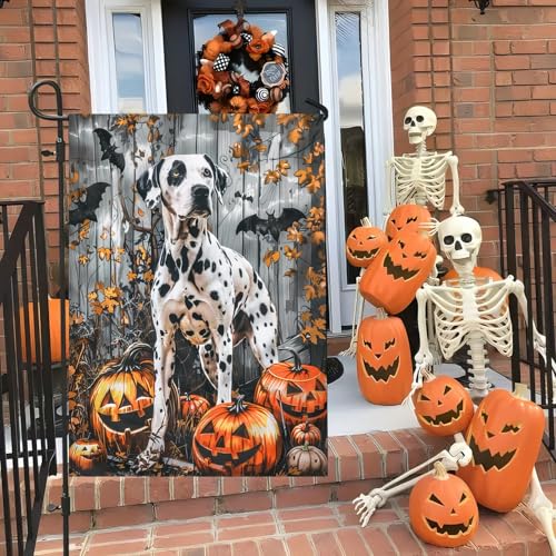 Image of Halloween Dalmatian Garden Flag 12x18 Vertical Double-Sided Trick or Treat Pumpkin Fall Holiday Outdoor Decorations Polyester Yard Flag