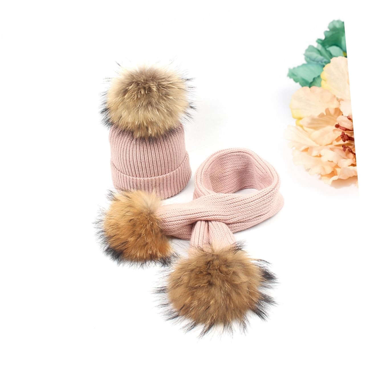 Cappello e Sciarpa Invernale Pompon per Ragazzo Ragazza, Set 2pezzi in Lana Rosa per Ragazze e Ragazzi, per Autunno e Inverno