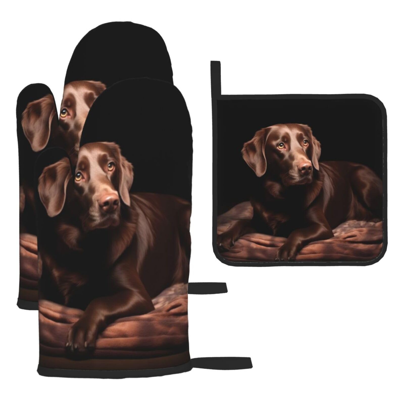 3d Brown Labrador 3pcs Oven Mitts And Pot Holders Sets,Waterproof Heat-Resistance Microwave Cooking Oven Gloves,Chef Potholders Mittens,Kitchen Cooking Bbq Gloves And Hot Pads