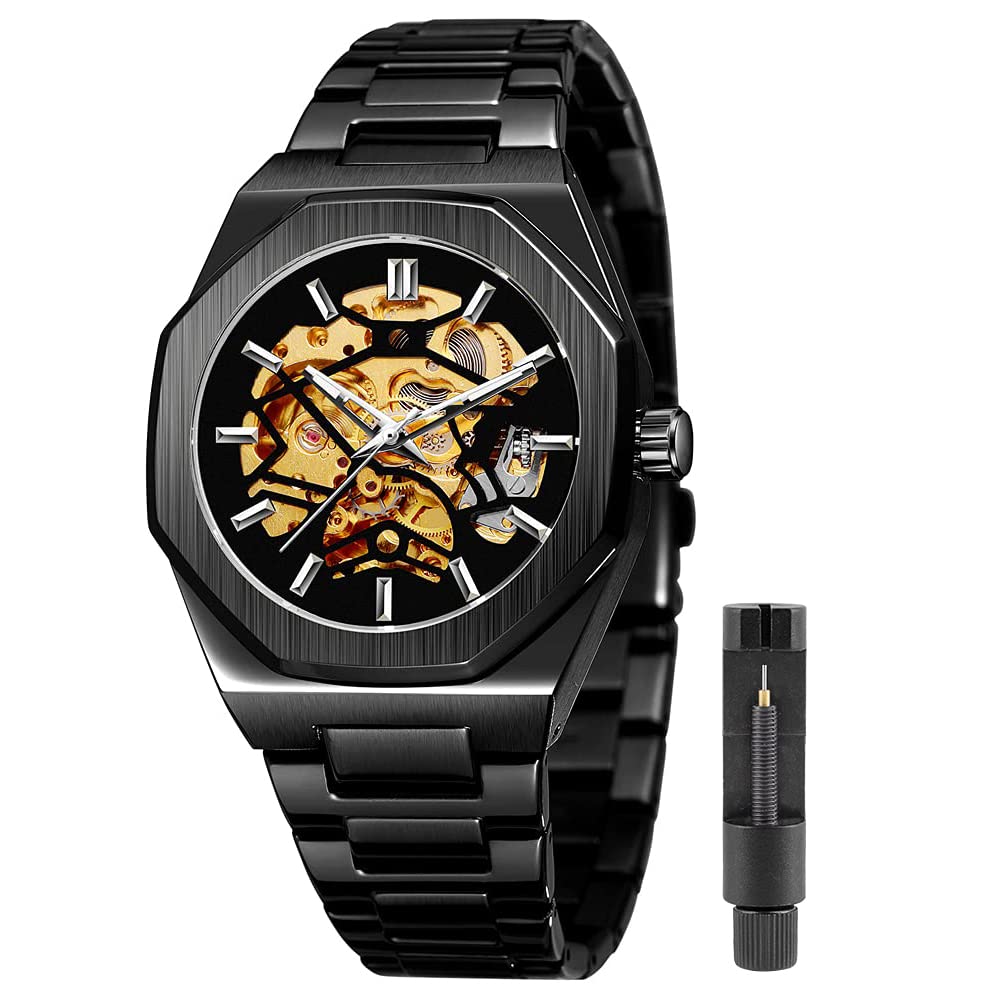 Tiong Mens Watch Luxury Skeleton Mechanical Stainless Steel Waterproof Black Automatic Self-Winding Wrist Watches for Men